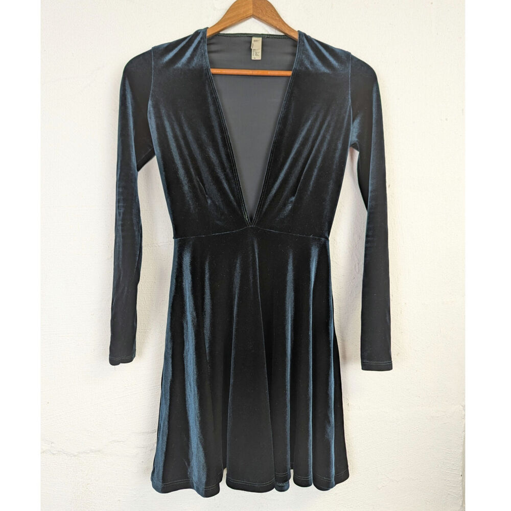 Vtg American Apparel Velvet Skater Dress Plunge Blue Indie Whimsigoth Y2K XS